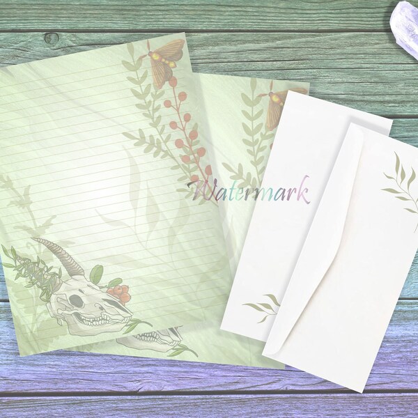 fancy paper for letter writing Forest Bones Stationery Set | Woodland Writing Paper | Skull Envelope | Green Witch Writing Paper | Bone Letter Page | Floral Skull Pages