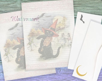 Halloween Stationery Set | Black Cat Stationery | Vintage Halloween Pages | Halloween Dance Paper | Halloween Letter Paper | Witch Cat Page