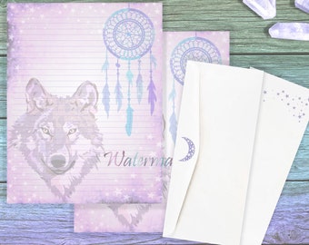 Dreamcatcher Wolf Stationery | Wolf Writing Paper | Wolves Pages | Junk Journal Paper | Starry Paper | Wolf Letter Paper | Purple Stationery