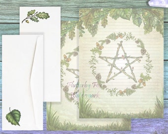 Green Pentacle Stationery Set | Summer Pentacle Paper | Pentacle Writing Paper | Solstice Paper | Woodland Stationery | Green Witch Paper