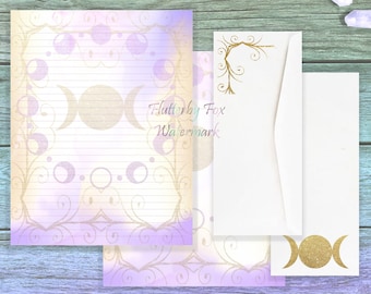 Gold and Purple Moon Paper Set | Triple Moon Stationery | Moon Phase Writing Paper | Astrology Paper Set | Spell Paper | Moon Letter Paper