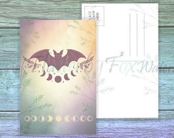 Moon Phase Bat Postcard | Gothic Postcard Set | Witchy Postcards | Bat Stationery | Moon Post Cards | Bat Postcard Set | Bats Stationery