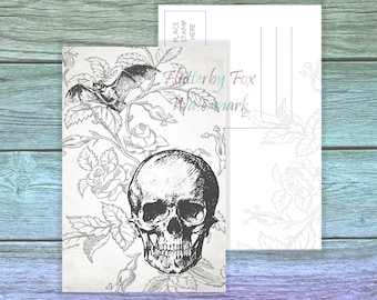 Bat and Skull Postcard Set | Spooky Stationery | Gothic Postcards | Skull Stationery | Bat Postcard Set | Witchy Postcard Stationery Set