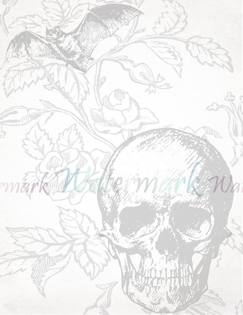 K&ouml;nnte beinhalten: Eine Schwarzwei&szlig;illustration eines Sch&auml;dels vor einem floralen Hintergrund. Der Sch&auml;del ist detailliert mit Z&auml;hnen und Augenh&ouml;hlen. Die Blumen sind stilisiert und haben einen Vintage-Look.