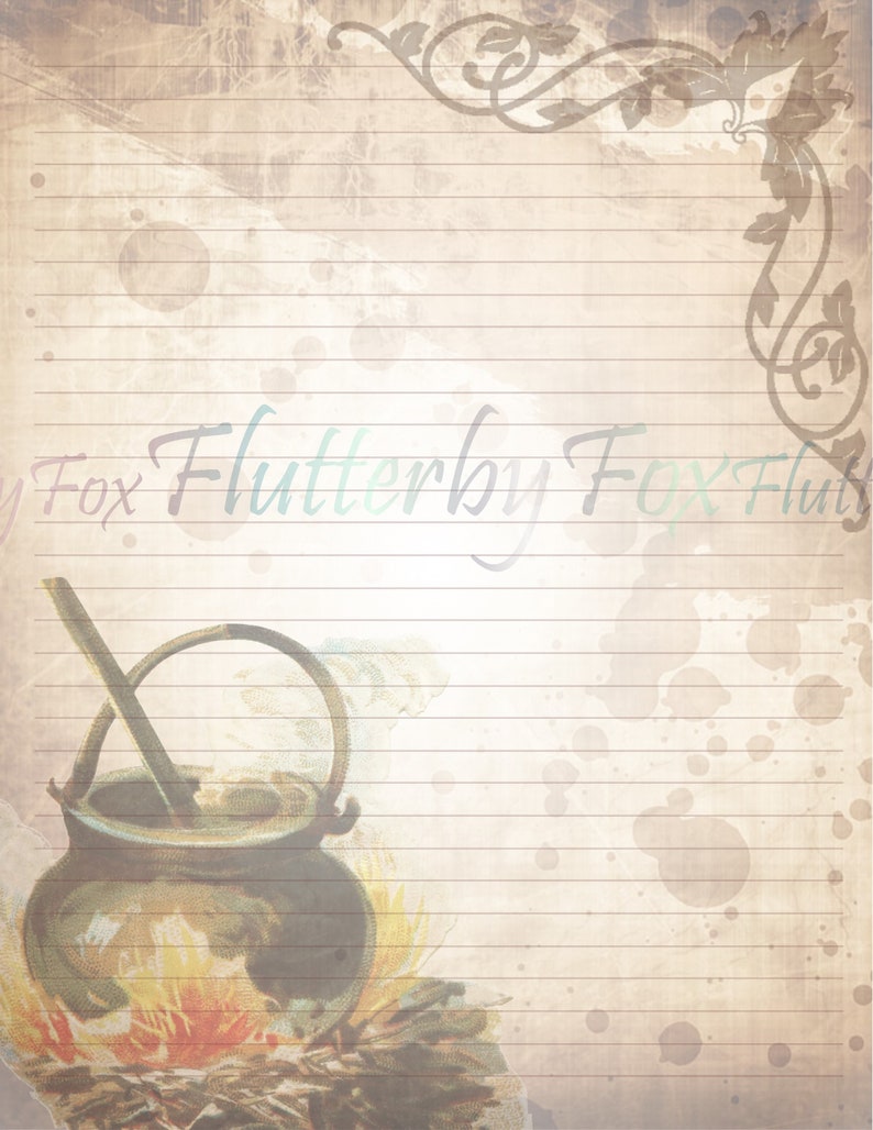 Pu&ograve; includere: Uno sfondo di carta rigata in stile vintage con un calderone sopra un fuoco. La carta ha un aspetto sbiadito e invecchiato con macchie marroni e bianche. Il testo "Flutterby Fox" &egrave; in fondo alla pagina.