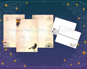 Autumn Raven Stationery Set | Half Sheet Stationery | Autumn Flowers Paper | Crow Stationery | Blackbird Letter Paper | Floral Bird Page Set