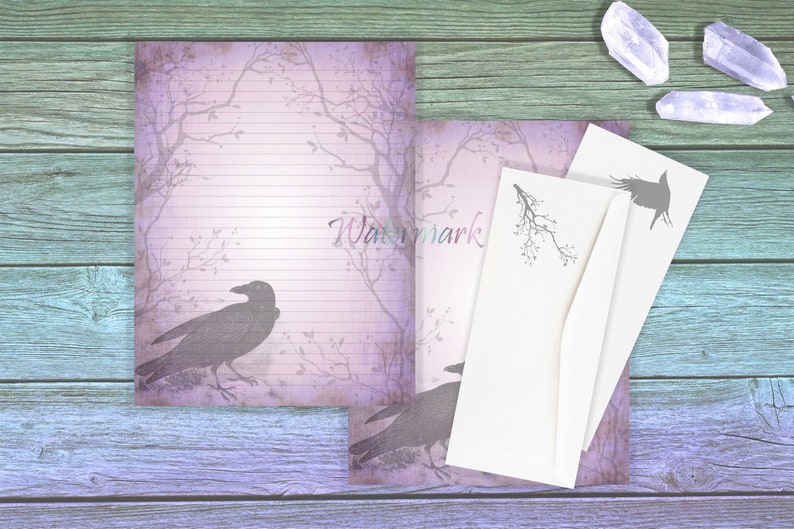 Purple Raven Stationery Set Crow Writing Paper Raven Envelope Forest Stationery Goth Writing Raven Letter Paper Black Bird Pages image 1