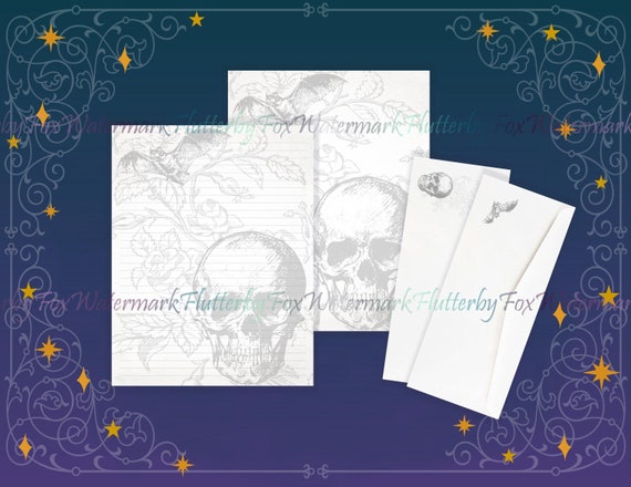 Haunted Garden Stationery Set | Bat and Skull Paper Set | Gothic Writing Paper | Halloween Pages | Floral Skull Paper | Bat Letter Paper