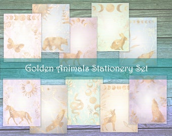 Golden Animals Stationery Set | Animal Writing Paper | Astrology Stationery Paper | Moon Stationery | Book of Shadows | Grimoire Paper