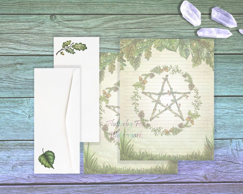 Green Pentacle Stationery Set Summer Pentacle Paper Pentacle Writing Paper Solstice Paper Woodland Stationery Green Witch Paper image 1