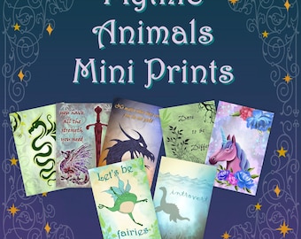 Mythic Animals Mini Print | Dragon Trading Card | Unicorn Mini Art Print | 2x3 Inch Print | Fairy Frog Print