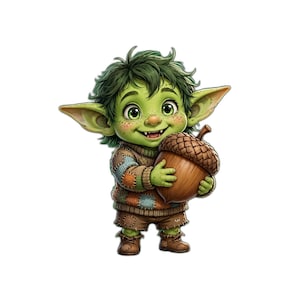 May include: A green-skinned creature with large pointed ears, messy dark green hair, and freckles, wearing a brown and blue patchwork sweater and brown shorts, holding a large brown acorn with both hands against a white background.