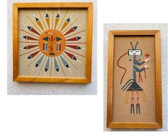 Vintage 1970's Hand-Made Wood Frame Navajo Sand Painting - A Rare Piece of Hand-Made Navajo Art