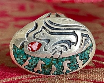 Native American Oval Turquoise & Coral Chip Inlay Silver Ring