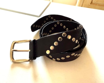 Cinturón De Cuero Delgado Con Tachuelas Para Mujer - Hebilla Dorada, Ajustable, Negro/Caqui, Estilo Punk