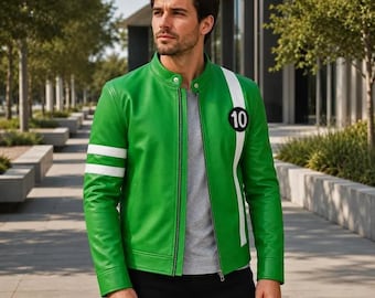 Veste en similicuir vert Ben 10 | Vêtement d'extérieur de motard pour cosplay (Homme)