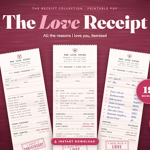 Love Receipt Printable, Reasons I Love You, Anniversary Gift for Partner, Valentines Day Note & Love Coupons, Just Because Gift