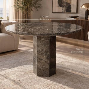 Mesa redonda de mármol marrón grisáceo, base de pedestal hexagonal, mesa de bistró de piedra natural, muebles de comedor artesanales de gran impacto.