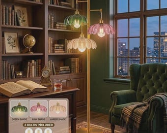 Floral Glass Floor Lamp, 3 Light Gold Standing Lamp, Pink Green or Amber Shade