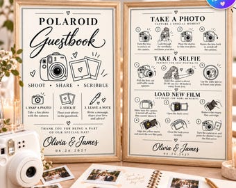 Könnte beinhalten: Zwei gerahmte Hinweisschilder für ein Polaroid-Gästebuch mit schwarzem Text und Illustrationen auf cremefarbenem Hintergrund. Die Schilder zeigen Schritte zum Fotografieren, für Selfies und zum Filmeinlegen, personalisiert mit Olivia & James.
