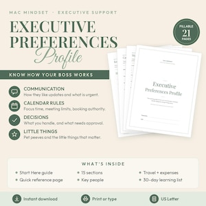 Peut inclure: Un ensemble de documents de 21 pages remplissables intitulé Executive Preferences Profile. La page de couverture porte le texte 'Executive Preferences Profile' et 'Know How Your Boss Works'. Inclut des sections sur la communication, les règles de calendrier, les décisions et les détails.