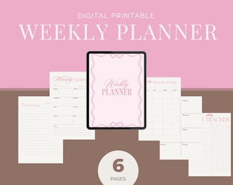 Könnte beinhalten: Ein digitales, druckbares Wochenplaner-Set mit sechs Seiten in Rosa und Weiß. Der Text umfasst MADE MIMI, DIGITAL PRINTABLE WEEKLY PLANNER, WEEKLY PLANNER, TO DO LIST, MEAL PLANNER und TRACKER sowie eine Kennzeichnung mit 6 PAGES.