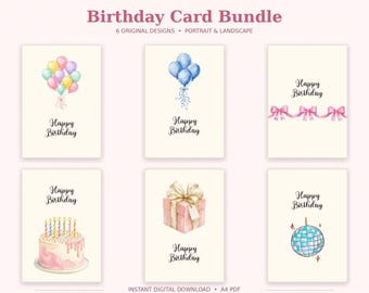 Könnte beinhalten: Ein digitales Geburtstagskarten-Set von Mimi Made Store mit sechs originellen Designs. Jede Karte zeigt den Text Happy Birthday neben Aquarellillustrationen von Luftballons, rosa Schleifen, einer Torte, einem Geschenk und einer Discokugel.