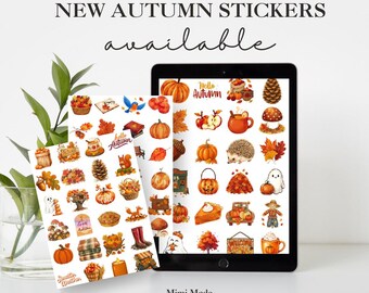 Könnte beinhalten: Ein digitales Tablet und ein physischer Bogen mit verschiedenen herbstlichen Aufklebern, darunter Kürbisse, Blätter, Pilze und Tiere. Der Text NEW AUTUMN STICKERS available und Mimi Made ist auf dem Display und dem Bogen zu sehen.