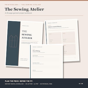 Könnte beinhalten: Ein 28-seitiges Arbeitsbuch für Nähprojekte mit dem Titel The Sewing Atelier, bestehend aus einem Deckblatt mit dunkelblauem Feld und Strichzeichnung, einer Seite für Stoffmuster und einer Seite für die erste Anprobe mit Linien.