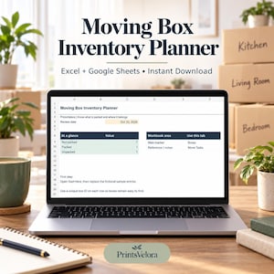 May include: A laptop screen displays a Moving Box Inventory Planner spreadsheet with columns for At a glance, Value, Workbook area, and Use this tab. The interface includes text fields for review dates, box tracking, and notes for organizing household items.