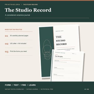 Op de afbeelding: Een digitaal keramiekjournaal genaamd The Studio Record, met een donkergroene omslag met dunne lijntekeningen en een witte binnenpagina met een Test tile plan formulier. Het document bevat 30 pagina's in US Letter en A4-formaat.