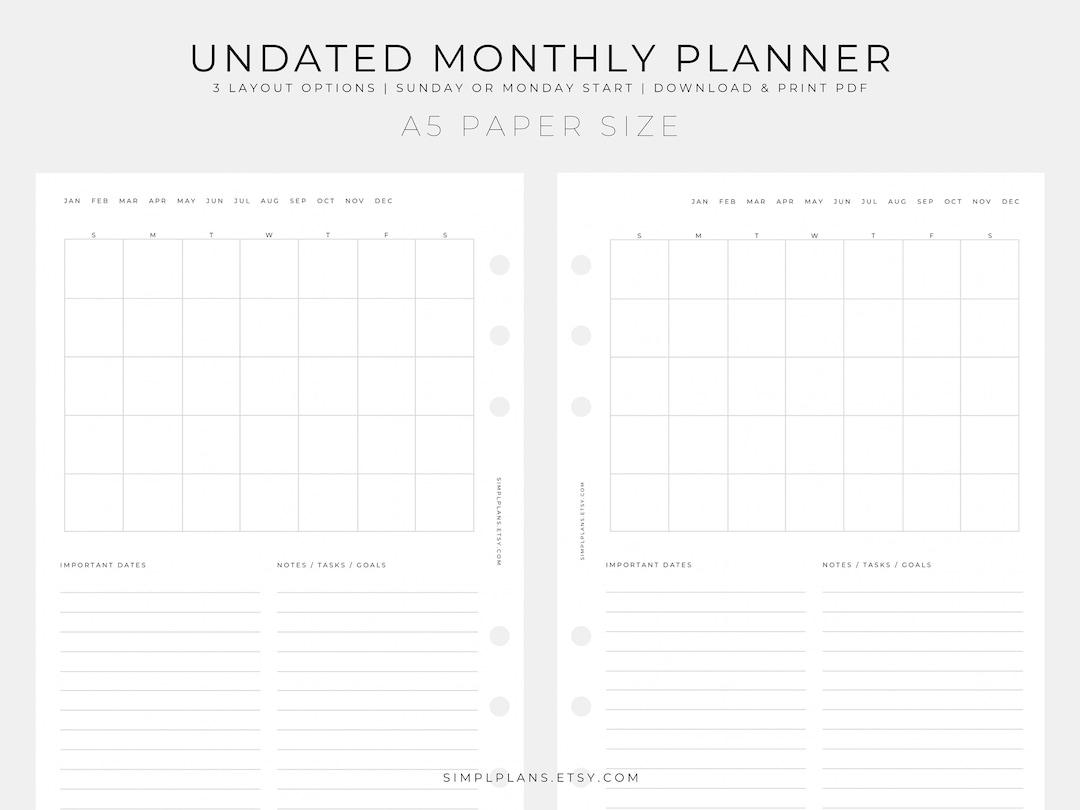 A5 Printable Undated Monthly Planner | A5 Size | PDF | Monthly Calendar ...
