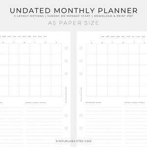 A5 Printable Undated Monthly Planner | A5 Size | PDF | Monthly Calendar Planner Inserts, Month on One Page, Sunday or Monday Start