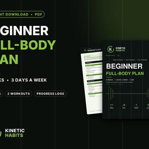 May include: A digital PDF workout guide titled Beginner Full-Body Plan by Kinetic Habits. The document features a black and lime green color scheme, outlining an 8-week, 3-days-a-week exercise routine across 9 pages, including progress logs.