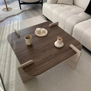 Travertine Walnut Coffee Table, Japandi Sculptural Center Table, Organic Modern Stone Wood Tea Table, Square Rectangular Coffee Table