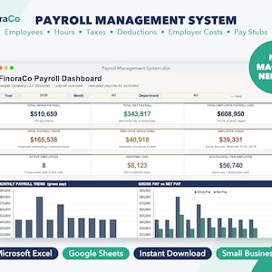 May include: A FinoraCo payroll management system dashboard displayed on a screen, featuring financial data tables, bar charts, and metrics for gross payroll, net payroll, taxes, and employee costs. Includes a green badge stating NO MACROS NEEDED.