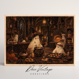 Peut inclure: Une impression d'art mural encadrée représentant une cuisine sombre et chaleureuse avec trois fantômes en drap blanc. Un fantôme porte un chapeau de sorcière et remue un chaudron, un autre porte une couronne de feuilles et un troisième tient un plat.
