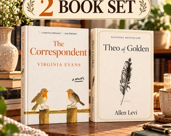 May include: A two-book set featuring The Correspondent by Virginia Evans, with two robins on a fence, and Theo of Golden by Allen Levi, featuring a black feather illustration. Both books have cream covers with black and orange text.