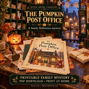 Pode incluir: Um jogo de mist&eacute;rio familiar imprim&iacute;vel intitulado The Pumpkin Post Office, contendo um documento com a ilustra&ccedil;&atilde;o de uma ag&ecirc;ncia postal, um selo de metal, uma ab&oacute;bora e pilhas de envelopes sobre uma mesa de madeira.