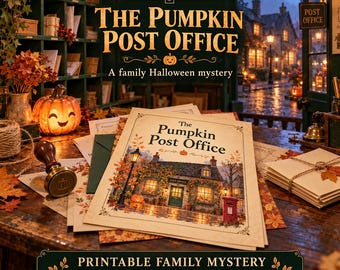 May include: A printable family mystery game titled The Pumpkin Post Office, featuring a document with an illustration of a post office building, a metal wax seal stamp, a jack-o'-lantern, and stacks of envelopes on a wooden table.