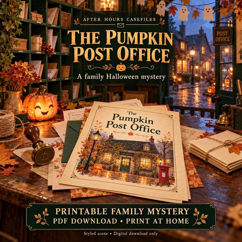 Pode incluir: Um jogo de mist&eacute;rio familiar imprim&iacute;vel intitulado The Pumpkin Post Office, contendo um documento com a ilustra&ccedil;&atilde;o de uma ag&ecirc;ncia postal, um selo de metal, uma ab&oacute;bora e pilhas de envelopes sobre uma mesa de madeira.