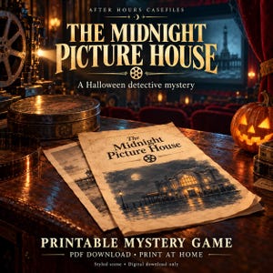K&ouml;nnte beinhalten: Ein druckbares Krimispiel mit dem Titel The Midnight Picture House, A Halloween detective mystery. Das Dokument zeigt eine n&auml;chtliche Geb&auml;udeillustration, eine Filmrolle, eine Metalldose und einen leuchtenden K&uuml;rbis auf einem dunklen Tisch.