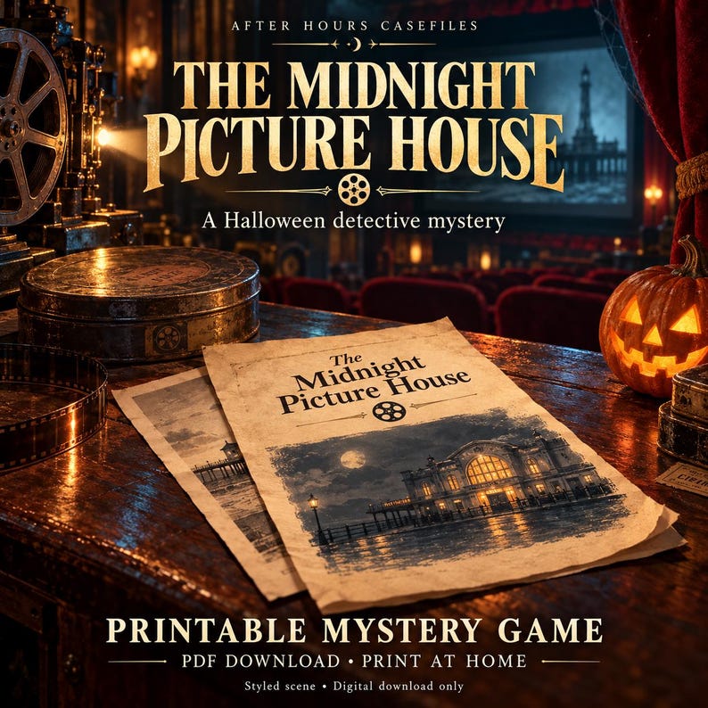 K&ouml;nnte beinhalten: Ein druckbares Krimispiel mit dem Titel The Midnight Picture House, A Halloween detective mystery. Das Dokument zeigt eine n&auml;chtliche Geb&auml;udeillustration, eine Filmrolle, eine Metalldose und einen leuchtenden K&uuml;rbis auf einem dunklen Tisch.