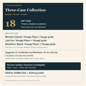 May include: A digital download product titled After Hours Casefiles Three-Case Collection featuring 18 PDF files for three mysteries: Meridian Cabinet, Last Cue, and Blackthorn Signal. Includes player and guide pages for each case.