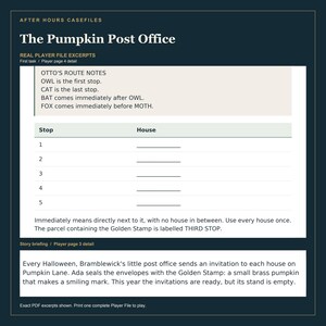 Pode incluir: Um documento de jogo intitulado The Pumpkin Post Office apresentando as notas de rota de Otto com quebra-cabe&ccedil;as l&oacute;gicos sobre paradas e casas. Inclui uma tabela com cinco linhas numeradas e um resumo da hist&oacute;ria sobre o correio.