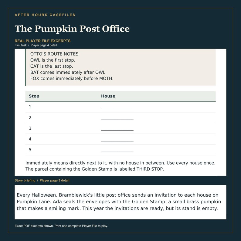 Pode incluir: Um documento de jogo intitulado The Pumpkin Post Office apresentando as notas de rota de Otto com quebra-cabe&ccedil;as l&oacute;gicos sobre paradas e casas. Inclui uma tabela com cinco linhas numeradas e um resumo da hist&oacute;ria sobre o correio.