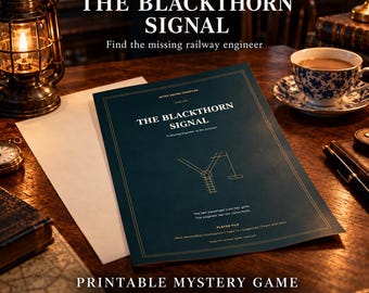 May include: A dark teal document titled The Blackthorn Signal with gold text and a railway diagram. The cover features the text: The last passenger train has gone. The engineer has not come back. Player File. More demanding investigation.