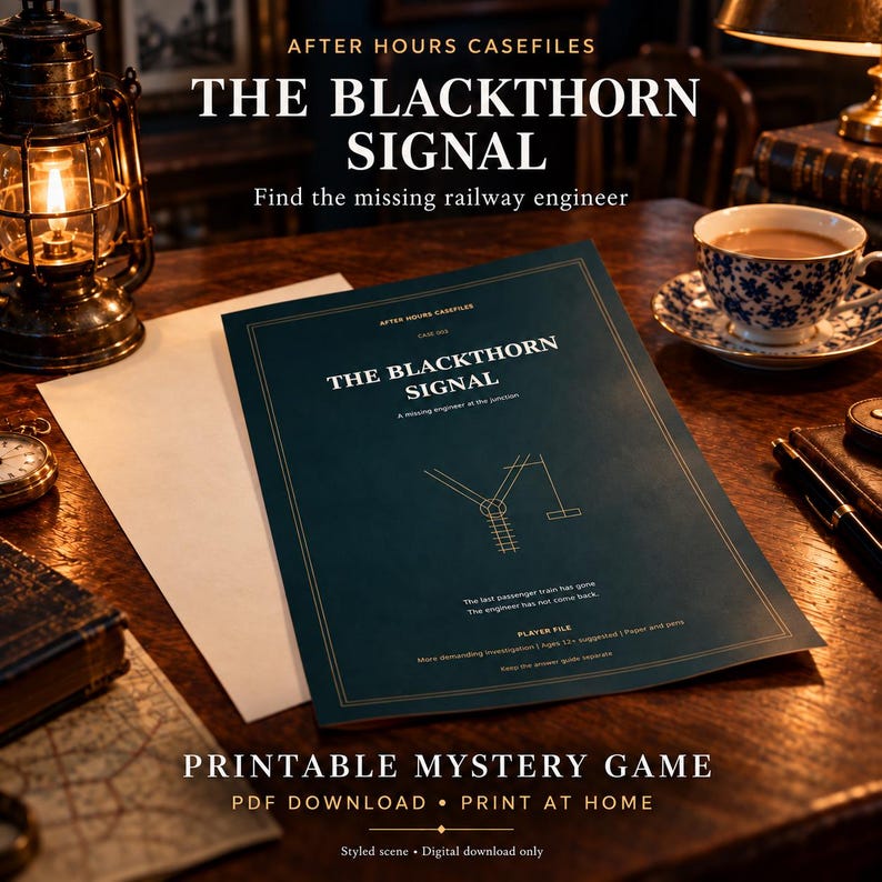 May include: A dark teal document titled The Blackthorn Signal with gold text and a railway diagram. The cover features the text: The last passenger train has gone. The engineer has not come back. Player File. More demanding investigation.