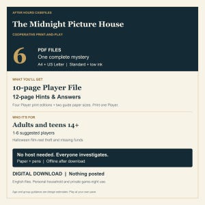 K&ouml;nnte beinhalten: Ein digitales Print-and-Play-Mystery-Spiel mit dem Titel The Midnight Picture House. Enth&auml;lt 6 PDF-Dateien, eine 10-seitige Spielerdatei sowie 12 Seiten mit Hinweisen und Antworten. F&uuml;r 1-6 Spieler ab 14 Jahren, Thema Halloween-Filmrollendiebstahl.
