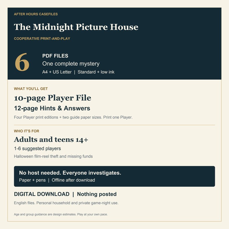 K&ouml;nnte beinhalten: Ein digitales Print-and-Play-Mystery-Spiel mit dem Titel The Midnight Picture House. Enth&auml;lt 6 PDF-Dateien, eine 10-seitige Spielerdatei sowie 12 Seiten mit Hinweisen und Antworten. F&uuml;r 1-6 Spieler ab 14 Jahren, Thema Halloween-Filmrollendiebstahl.